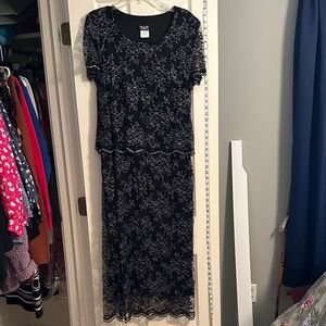 Elegant Black Maxi Dress with Silver Lace Overlay